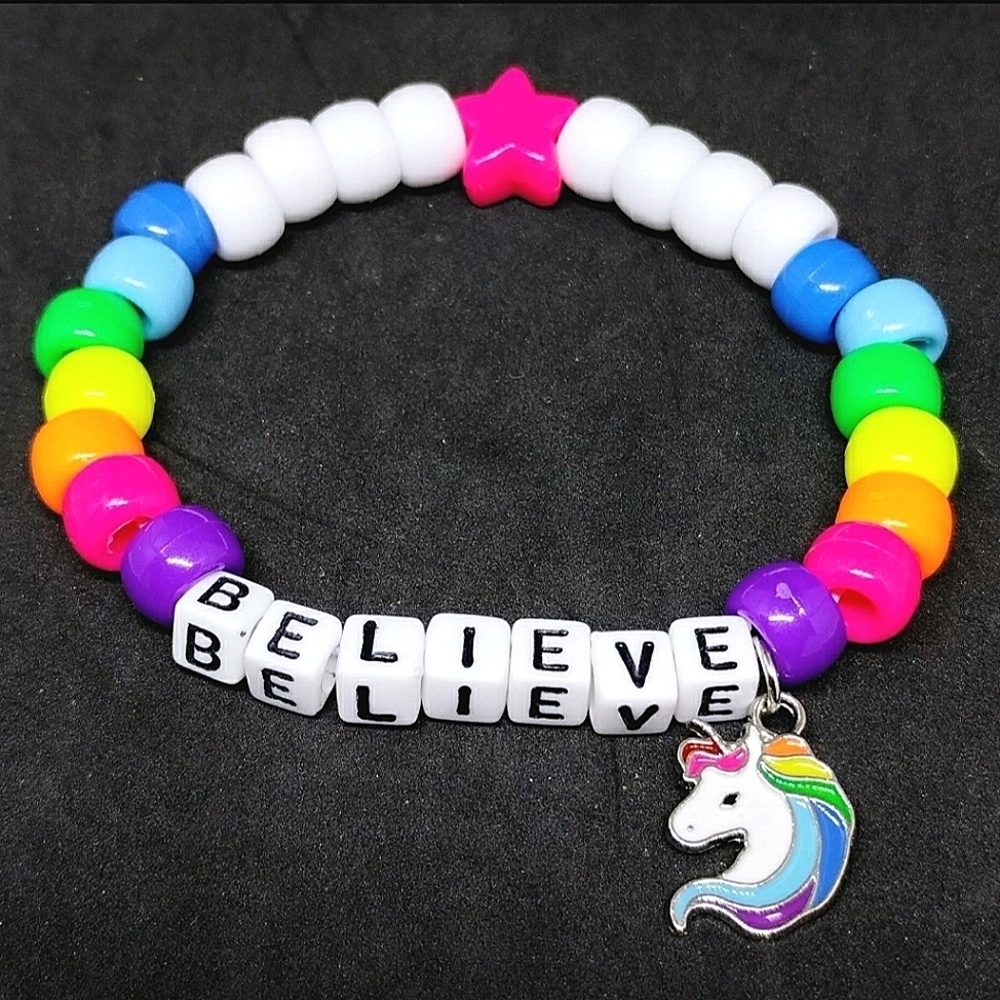 Handmade White Rainbow Believe Unicorn charm kandi Bracelet ♡